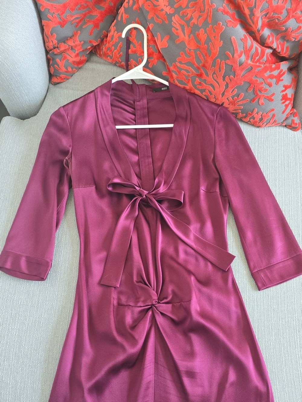 Boss Satin Tie-Front Robe in Deep Berry